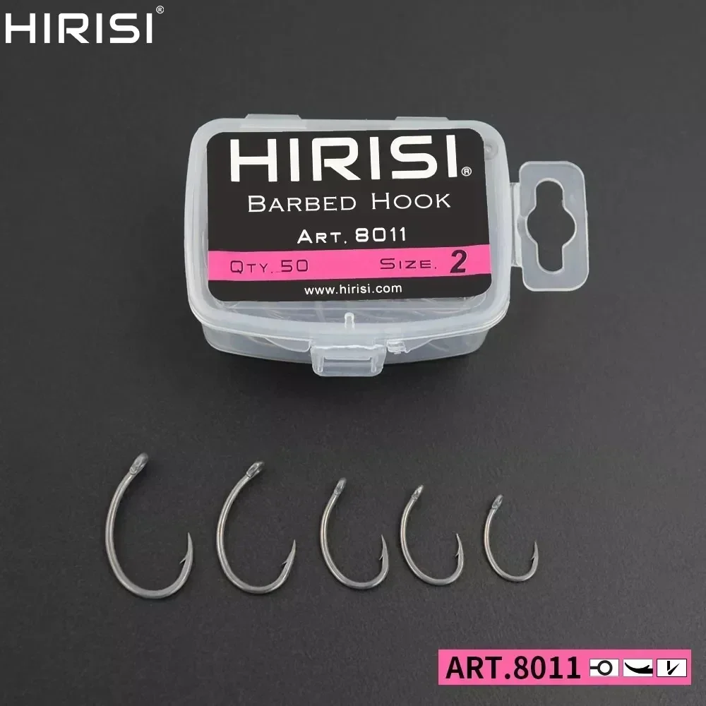 

Hirisi 50pcs Coating High Carbon Stainless Steel Barbed hooks Carp Fishing Hooks Pack with Retail Original Box 8011