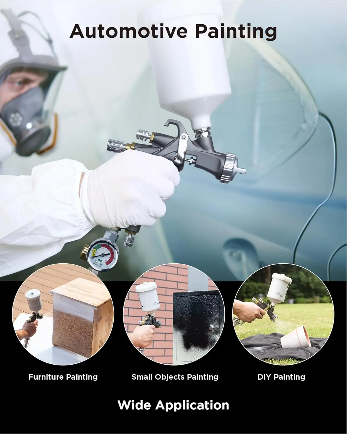 D1 LVLP Air Spray Gun Premium Kit, Easy to Use, Paint Gun for Cars & House DIY Painting, 1.3/1.5/1.7mm Nozzles