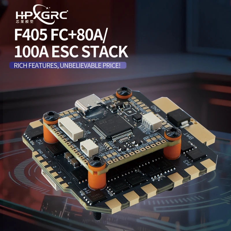 

HPXGRC F405 Stack F405 Flight Controller ICM42688P with 80A/100A ESC 3-8S LIPO 30.5x30.5mm for RC FPV Racing Drone
