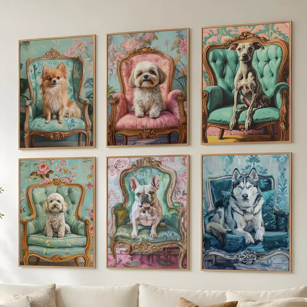 Dog on Stool Bichon Frise Greyhound Poster Stickers Mural Painting Self-Adhesive Wall Art Decals for Bedroom Room Home Decor