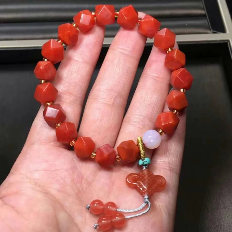 nanhong natural South red agate Waxi material Tang baling single ring bracelet with knot