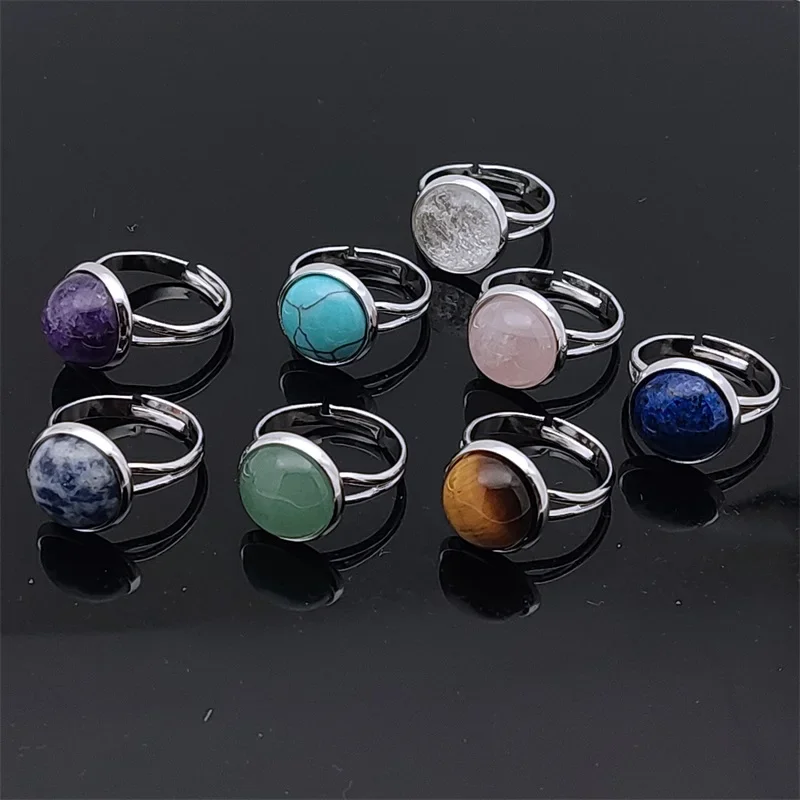 12mm Round Healing Natural Stone Ring Tiger Eye Opal Pink Crystal Adjustable Joint Ring for Women Jewelry