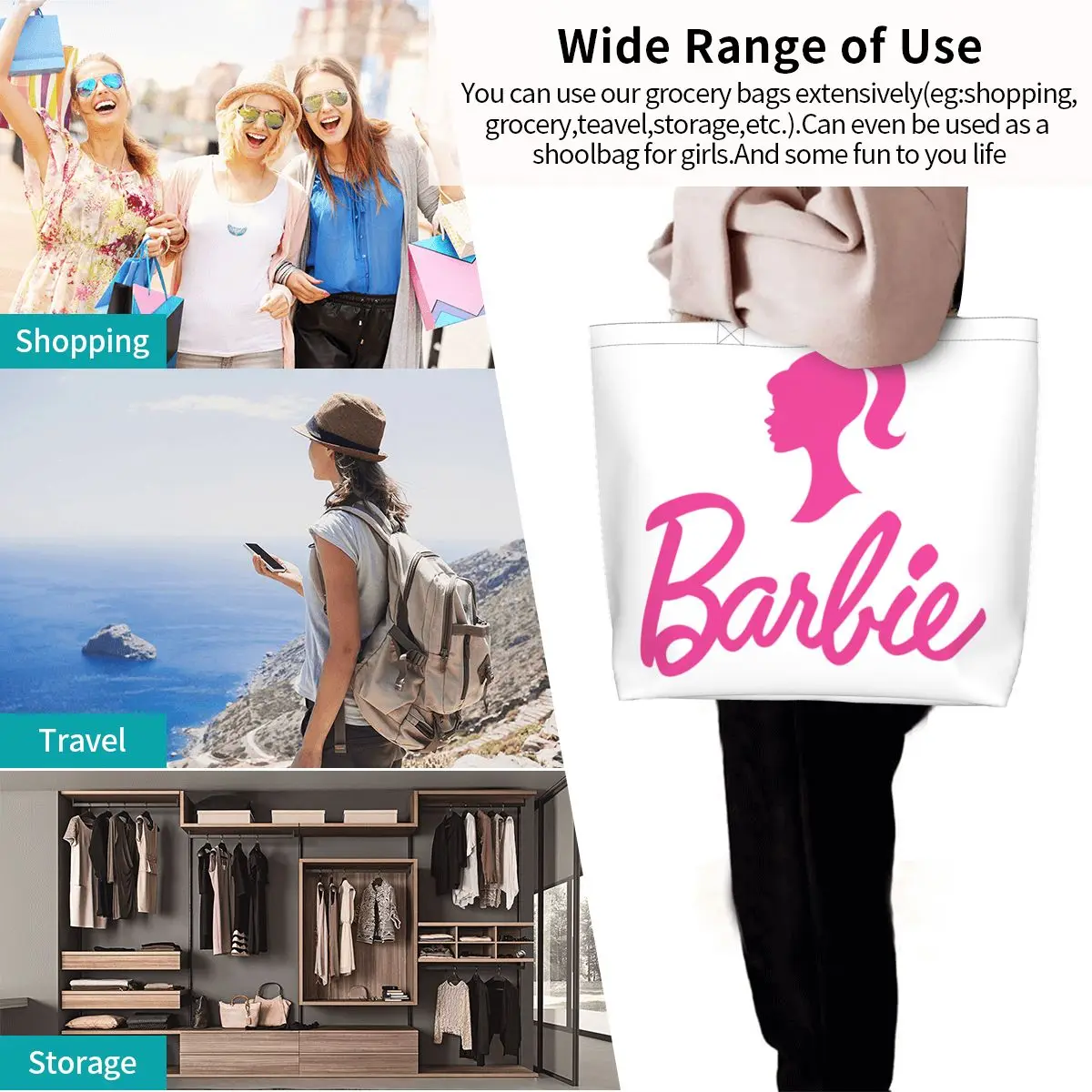 Barbie Logo Grocery Bag Large Capacity Ulzzang Stuff For Unisex Stylish Shoulder Bag