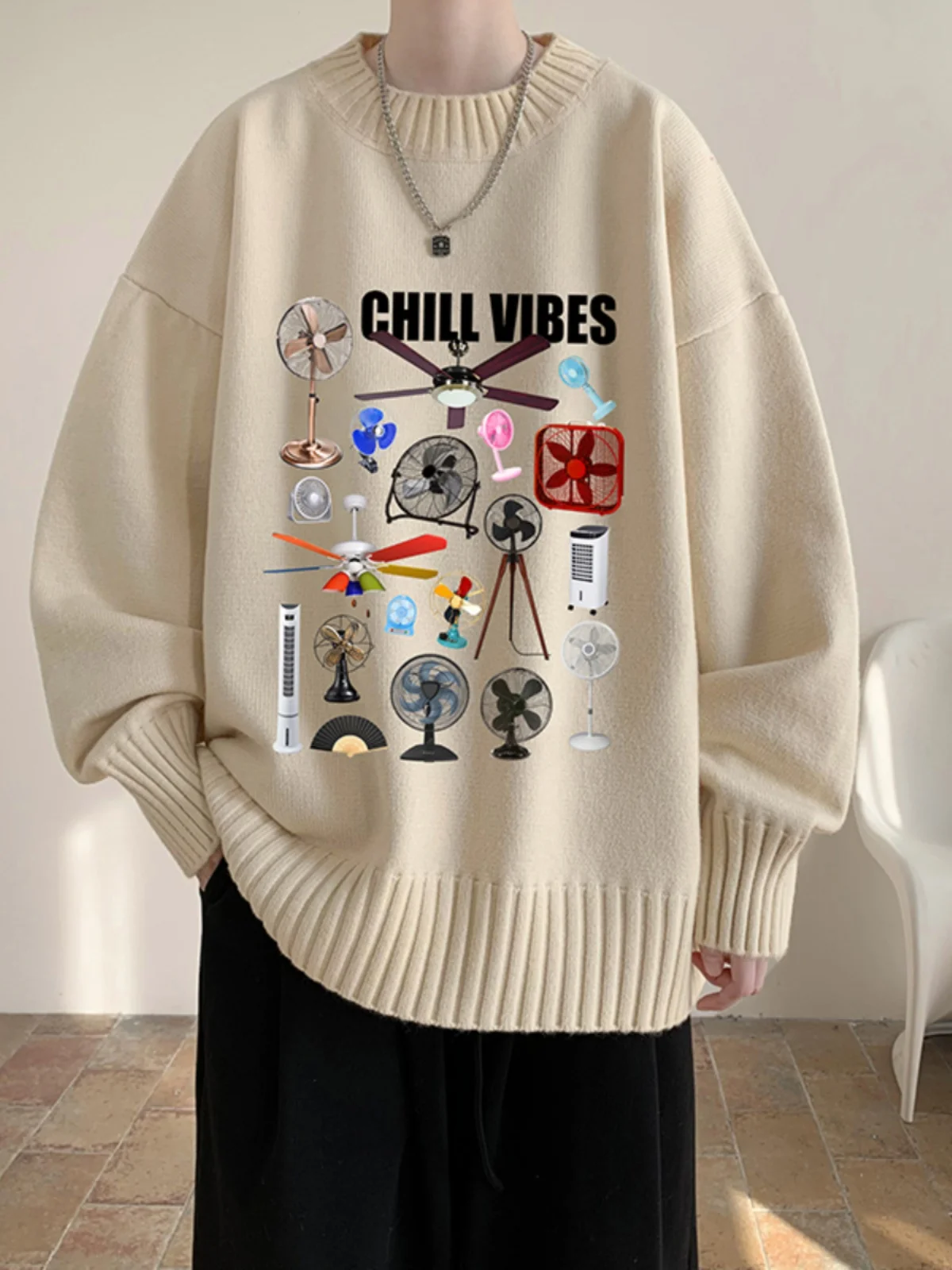 

American High Street Vintage fiti Fce Lined Knitted Sports Sweater for Men Large Size Autumn Winter Casual Wear