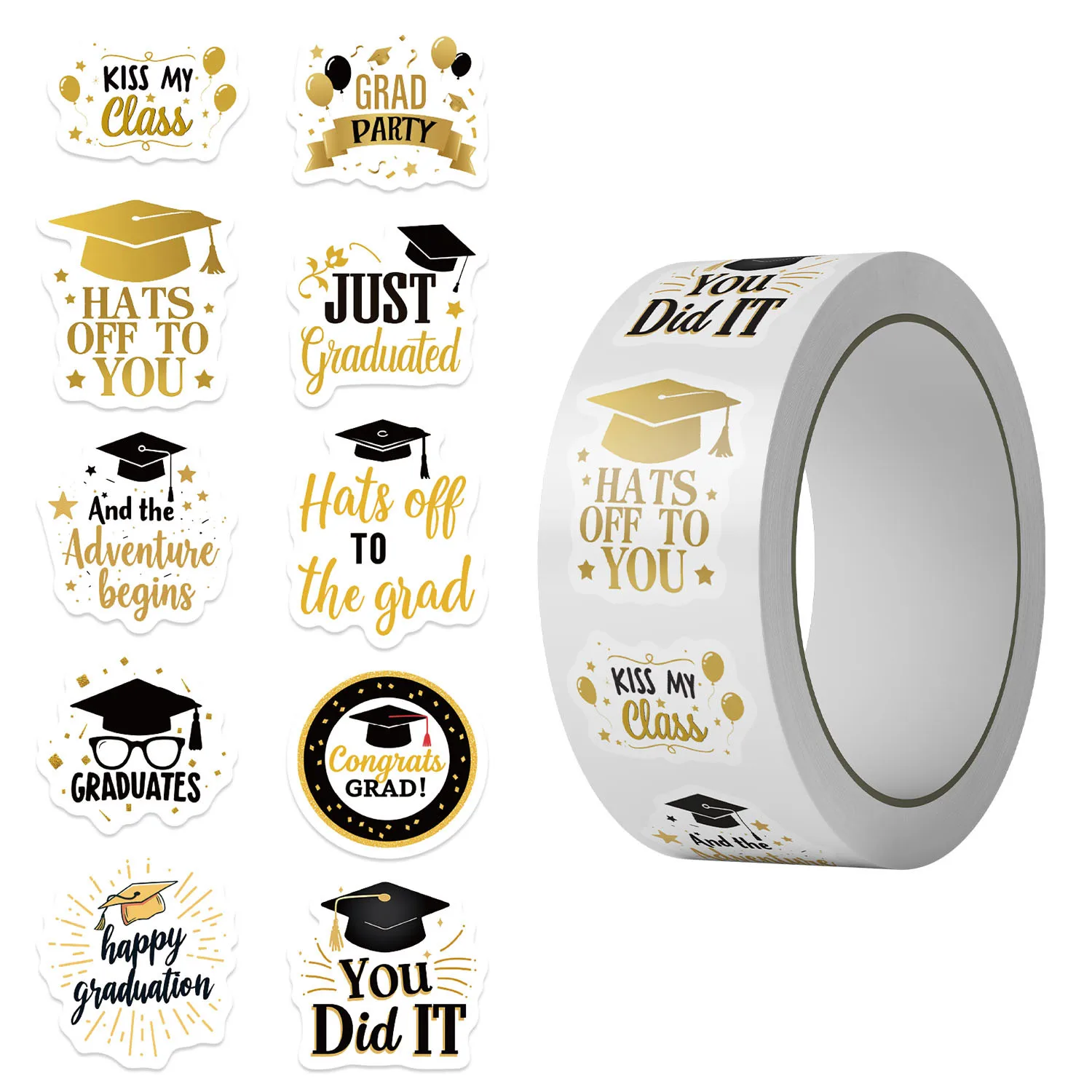 500Pcs Graduation Stickers Roll, 10 Patterns Black Gold Grad Cap Stickers, 