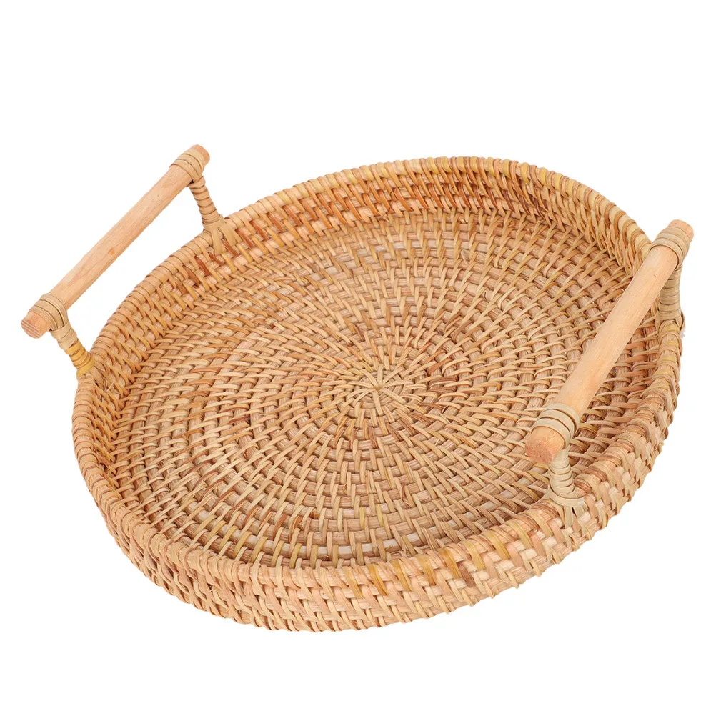 Round Rattan Serving Tray 32cm Handwoven Dual Handles Bread Basket Snack Tray Fruit Serving Basket Wicker Woven