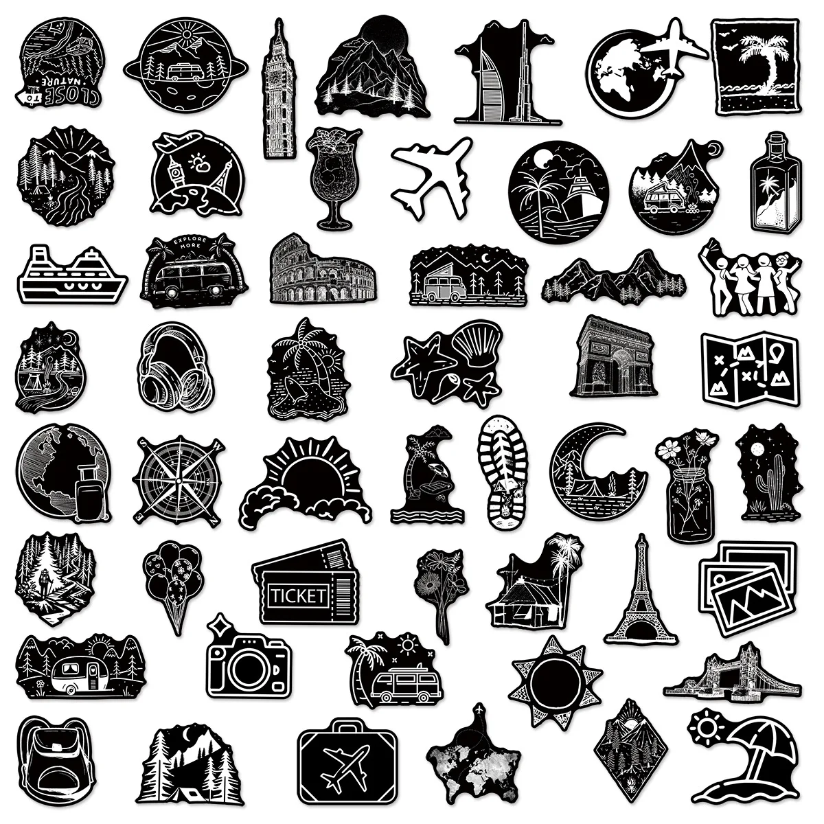 

10/50PCS Cartoon Black and White Outdoor Travel Stickers Waterproof Graffiti Decal Kids Toy for Skateboard Motorcycle Helmet