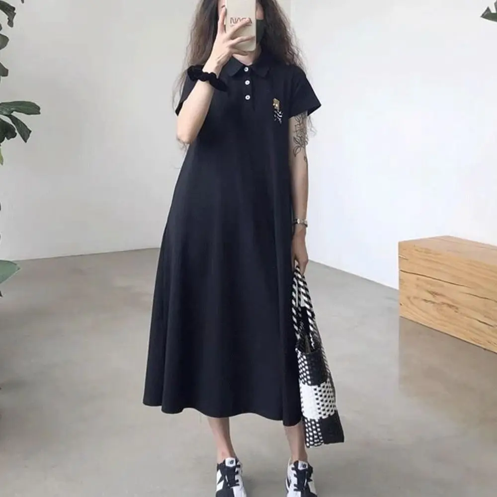 

Plus Size 5XL 150KG Women Polo Dress Summer Casual Turn Down Collar Short Sleeve Loose A-LINE Black Long Dress