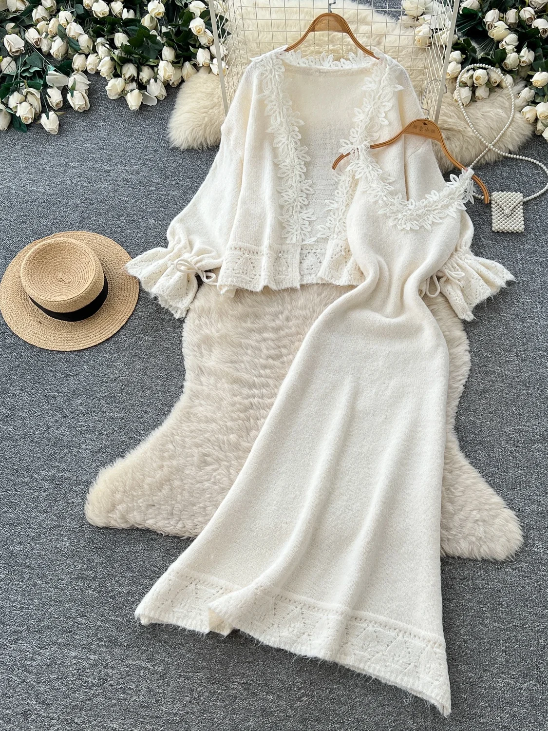 Lace Splice Knitted Cardigan Coat And  Skirt Two-Piece Set Women Slimming Commute Style High Waist Straight Cut Long Sleeve