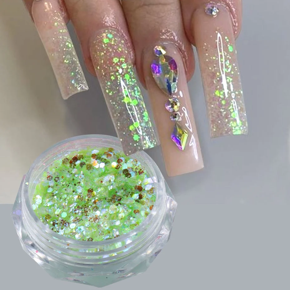 Holográfico Colorido Nail Glitter Sequins, Sparkly Sereia, Flocos De Hexágono, Festival De Natal, Acessórios De Manicure Brilhante, Caixa De 12
