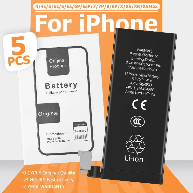 

5 шт./лот, 0 циклов, оптовая продажа, новый аккумулятор для iPhone SE SE2 SE3 3GS 4 5 6 6s 7 8 Plus X XS XR XSPlus, аккумулятор для телефона 7PlUS 8PlUS