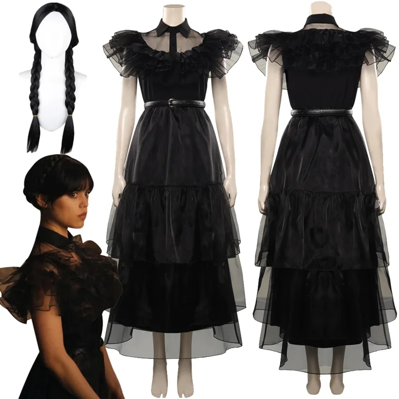 Wednesday Cosplay Wigs Costume TV Wed Day Women Roleplay Fantasia Woman Halloween Carnival Clothes Hair Full Set