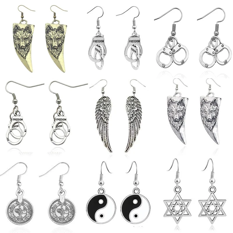 Vintage Angel Wings Earrings For Women Punk Skull Owl Wolf Handcuffs Tai Chi Hexagram Animal Earings Female Ear Jewelry Brincos