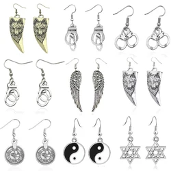 Vintage Angel Wings Earrings For Women Punk Skull Owl Wolf Handcuffs Tai Chi Hexagram Animal Earings Female Ear Jewelry Brincos