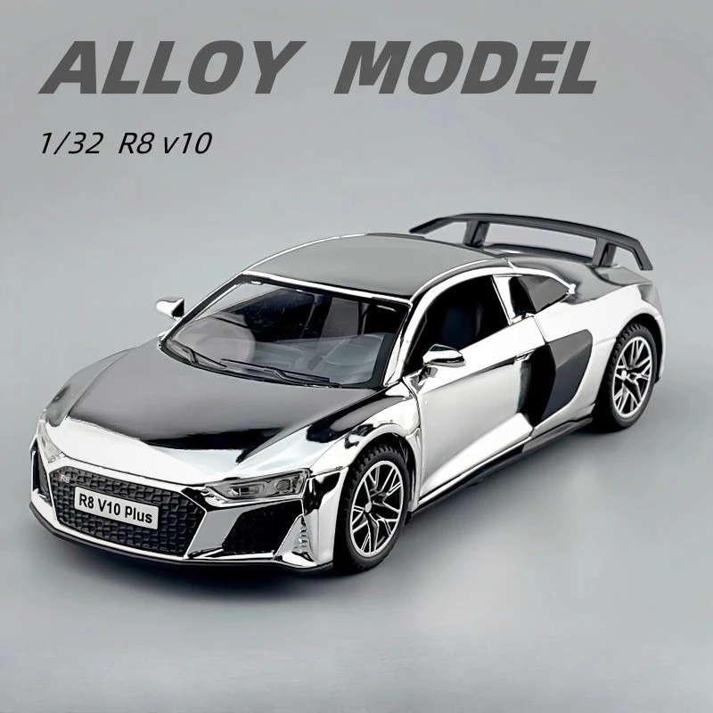 1:32 R8 V10 Plus 合金ダイキャストスポーツカーモデルおもちゃ、サウンドライト付きプルバックおもちゃ車、男の子向けシミュレーション車両