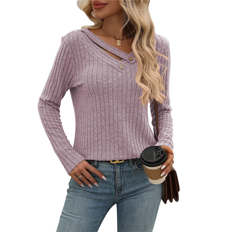 ASDS-Kemeja Lengan Panjang Untuk Wanita Sweater Musim Gugur Leher V Atasan Dasar Kasual Bergaya Pullover Trendi