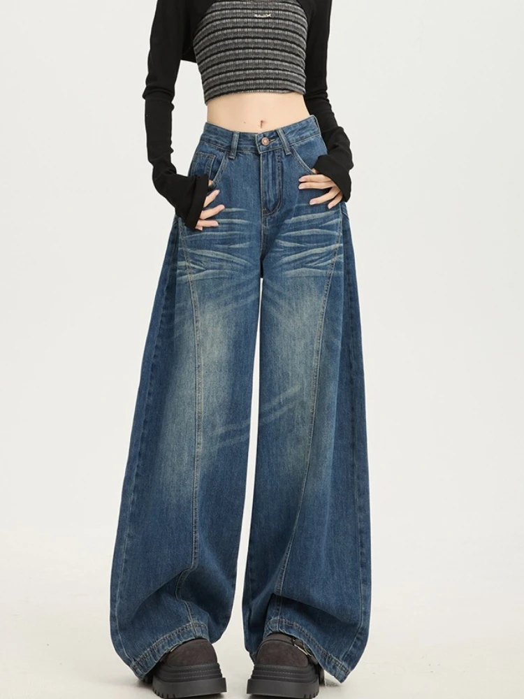 

American Deep Blue Women's Denim Pants Vintage Washed Wide Leg Women's Jeans Lazy Leisure Trousers 2025 Autumn New Lady's Pants