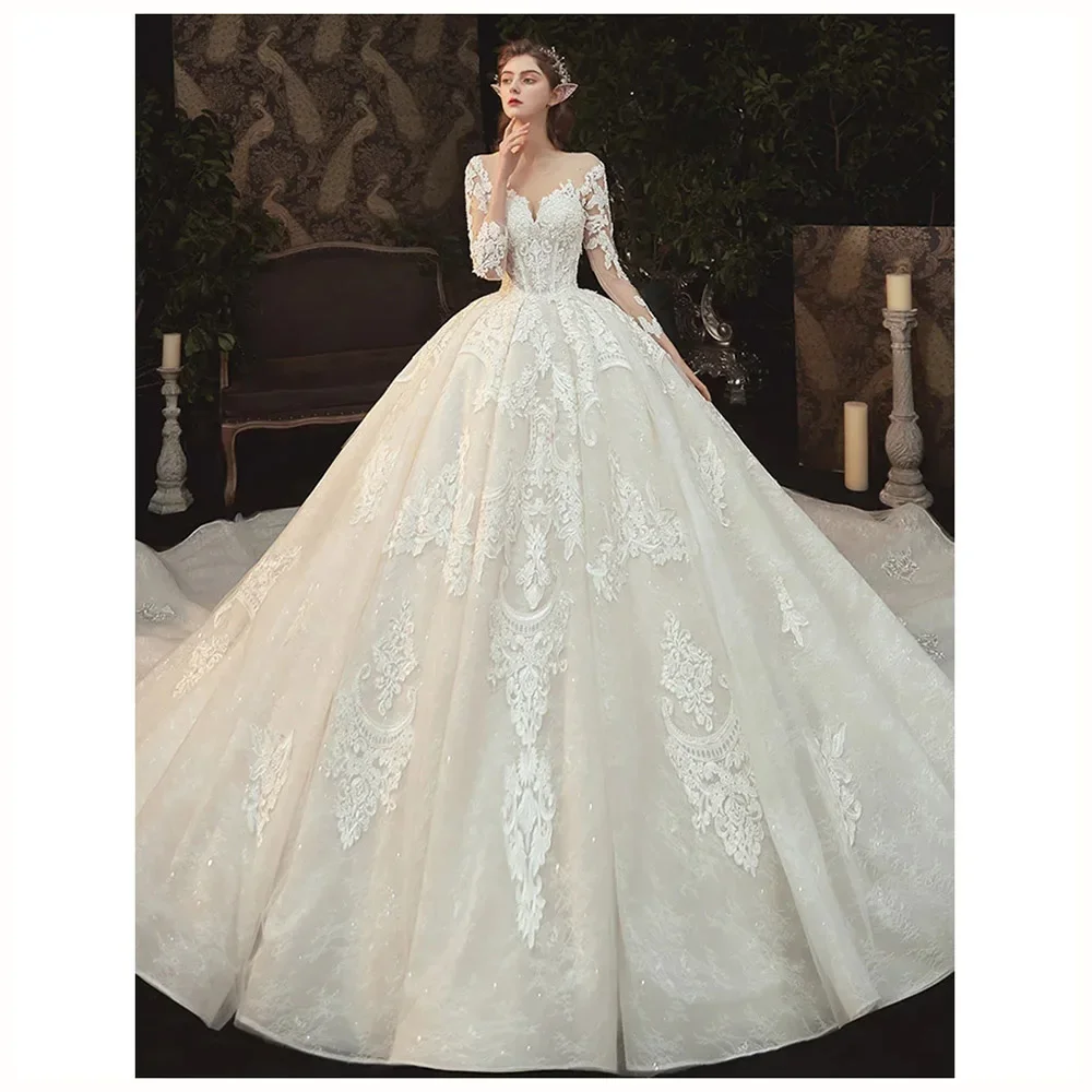 Personalizado de luxo uma linha vestidos de noiva 2024 com decote em v manga longa vestido de casamento de renda alta qualidade vestidos de noiva princesa