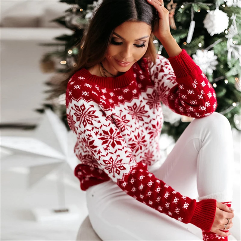 Women Sweater Christmas Snowflake Knitted Long Sleeve O Neck Ladies Jumper Fashion Casual Winter Autumn Printed Pullover Clothes