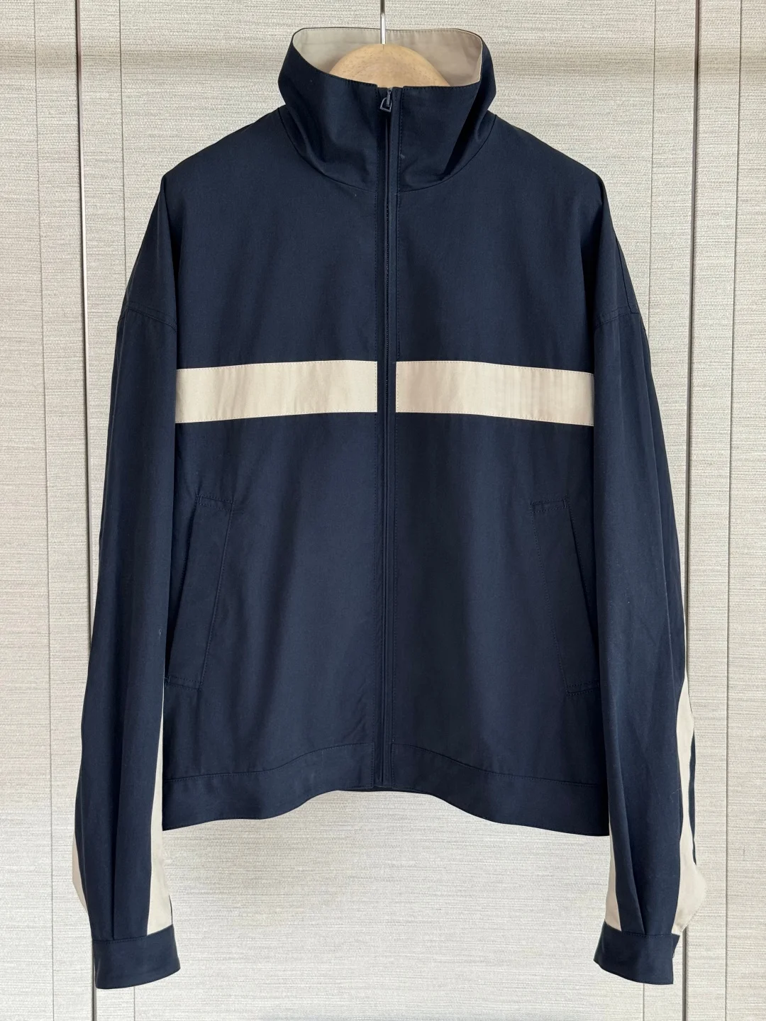 Vintage Color Block Zip-Up Jacket Unisex Navy & Cream Stand Collar Cotton Canvas Retro Sporty Bomber Early Fall