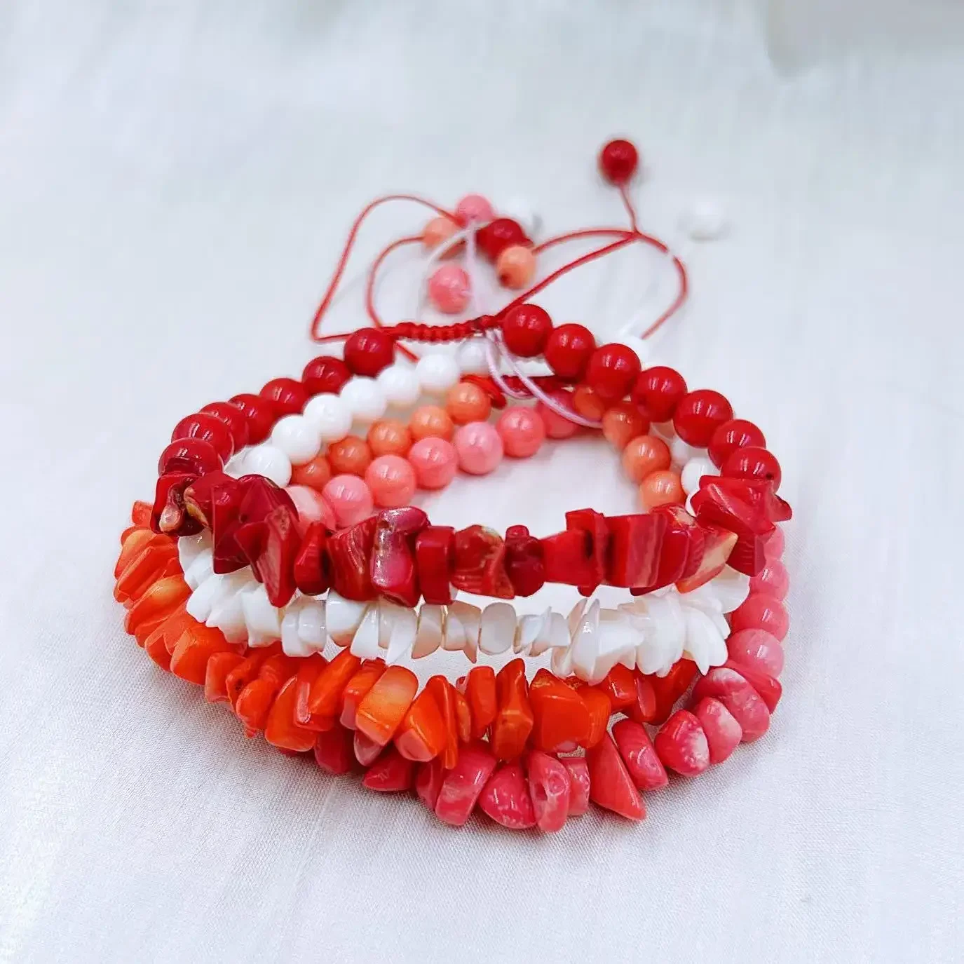 7-9inch 6-7mm Vintage Orange Red Lady Party Punk Jewelry Lucky Knitted Natural Chips Sea Bamboo Coral Bracelet