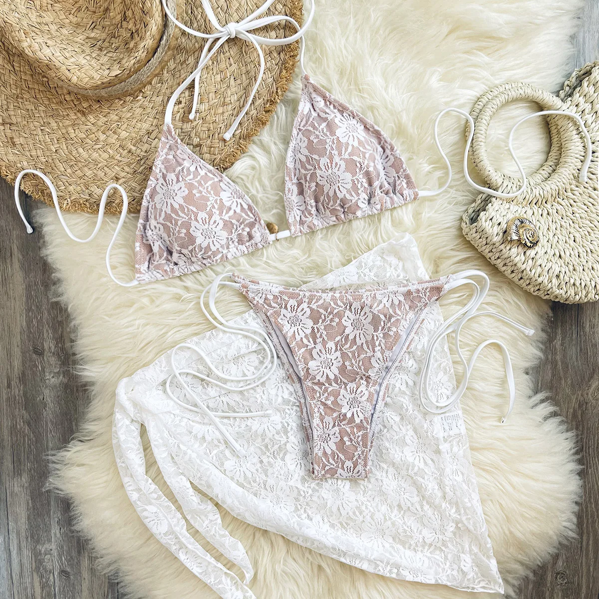 

Melphieer Sexy Lace 3PC Swimsuit Women Sarong Skirt Triangle Cup Lace Up Bikinis Female 2025 Summer Lady Beach Club Bikini New