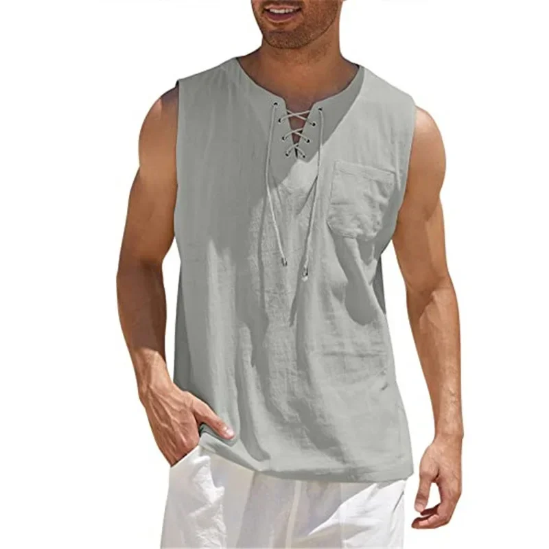 2022 New Men's Fashion Short Sleeve T-Shirt Solid Color Cotton Linen Vest Shirt Cross Border Hot Selling Item