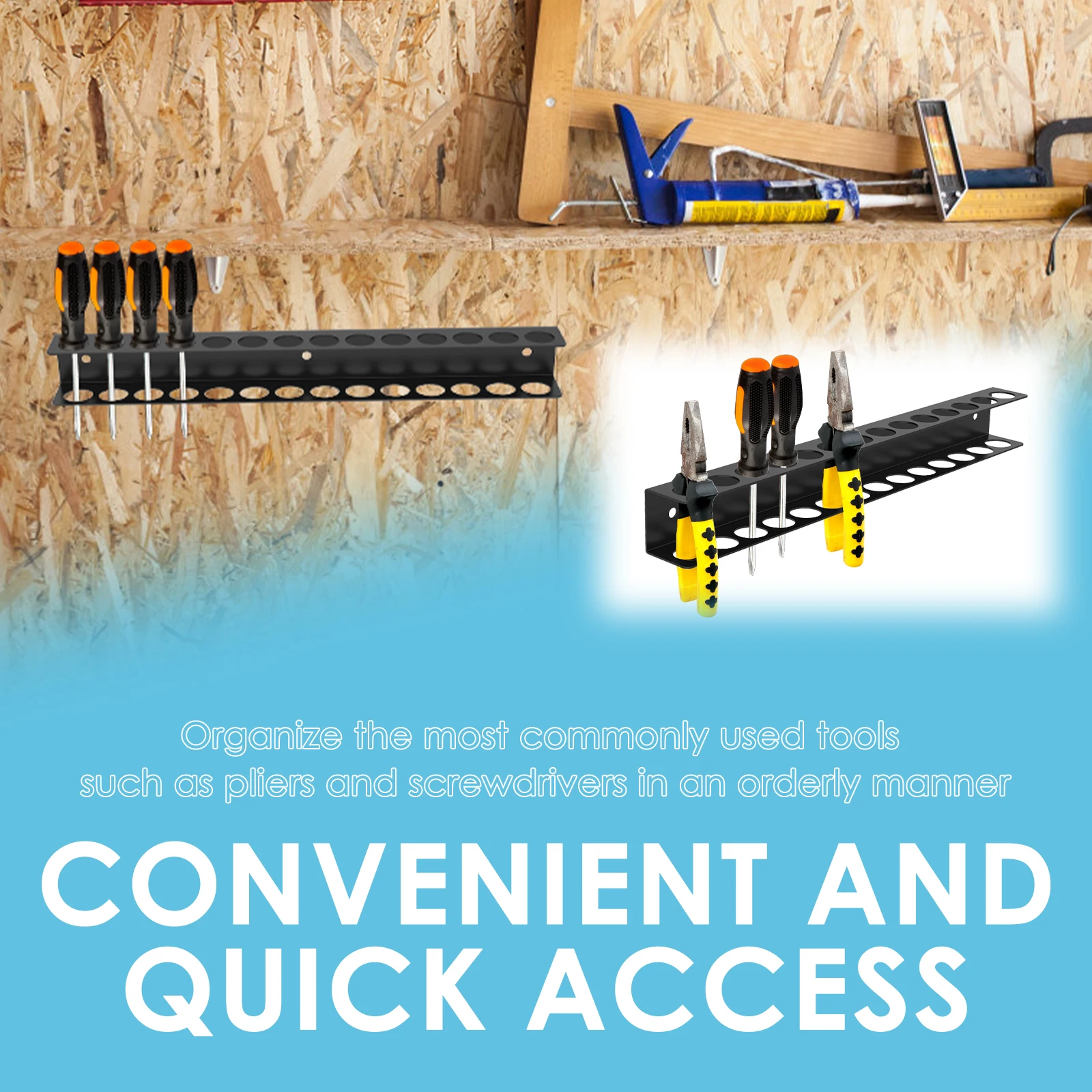 رف منظم الأدوات المعدنية 14 فتحة مفك ذو طيات منظم تخزين عائم مثبت على الحائط موفر للمساحة لورشة المرآب #3