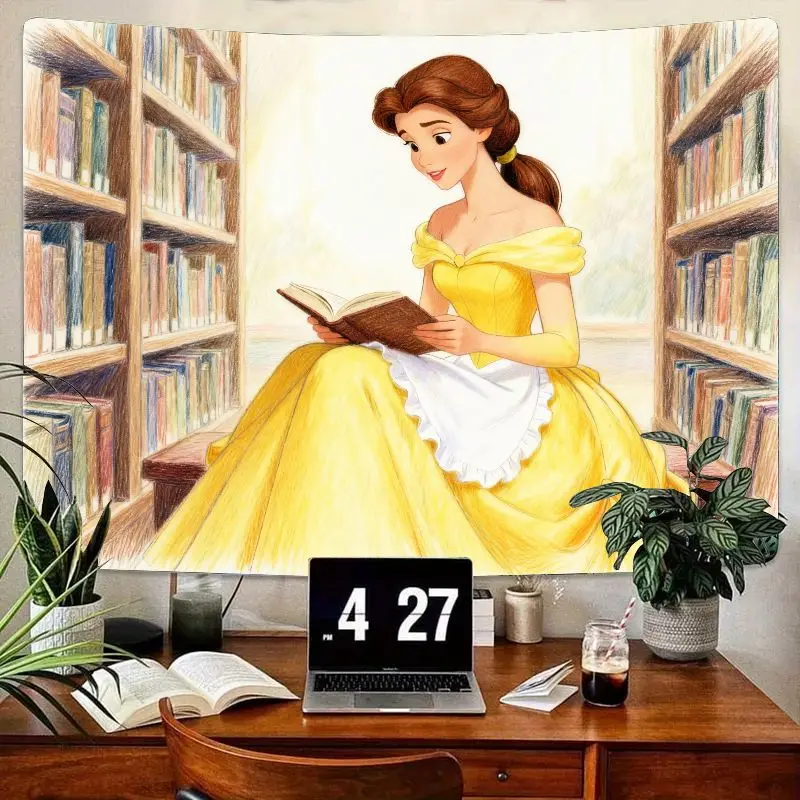 

1 шт., гобелен Disney Princess Belle для чтения, эстетическое настенное искусство в стиле фэнтези, желтое платье, декор для библиотеки, подарок для любителей книг, комната для девочек