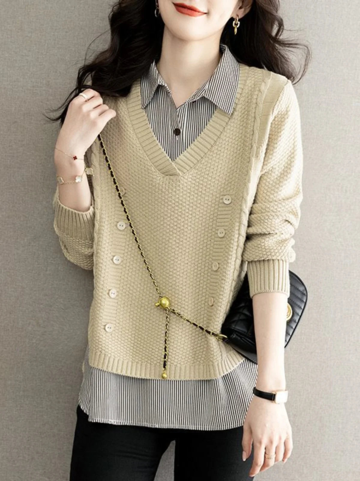 

Свободный вязаный свитер, женский лоскутный свитер с воротником irt, весенний новый Sle, корейская версия, модная база irt для поездок на работу, Sle