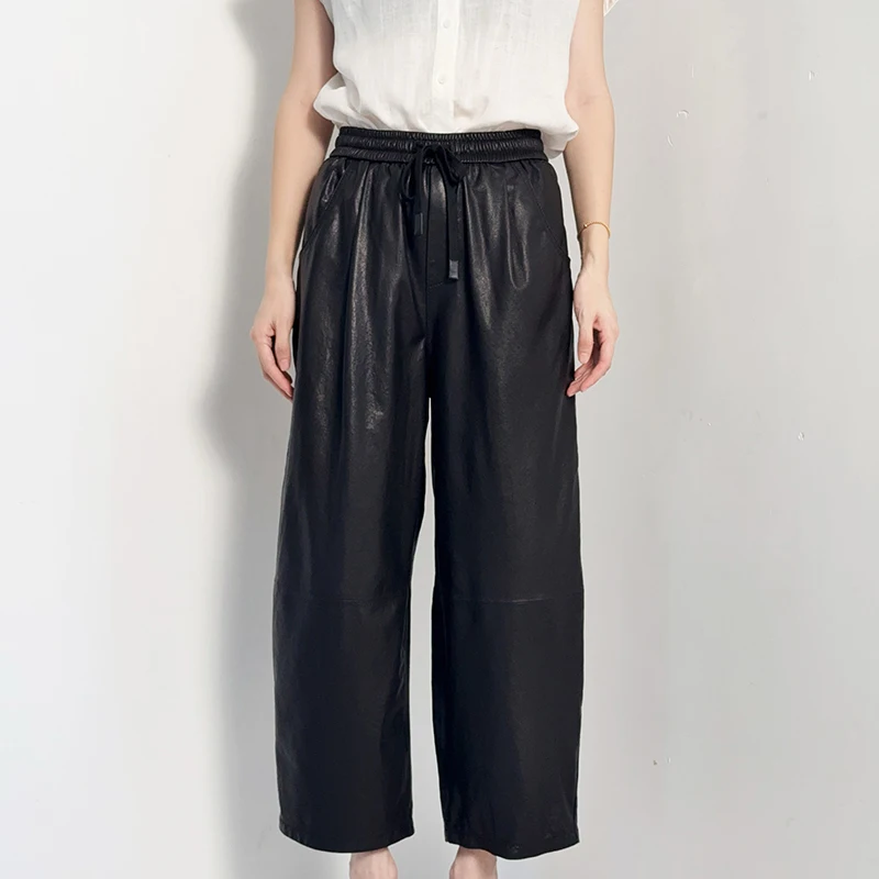 Vintage Old Money Style Leather Pants for Women Full Plant Tanned Lambskin Elastic Drawstring Waist Loose Straight Leg Trousers