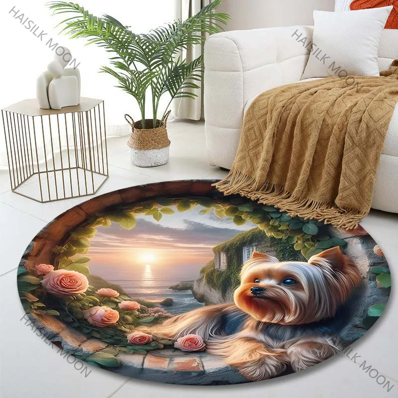 Multiple sizes Yorkshire Terrier Sunset seaside Print Round Carpet Living Room Bedroom Table Chair Sofa Decorative Carpet