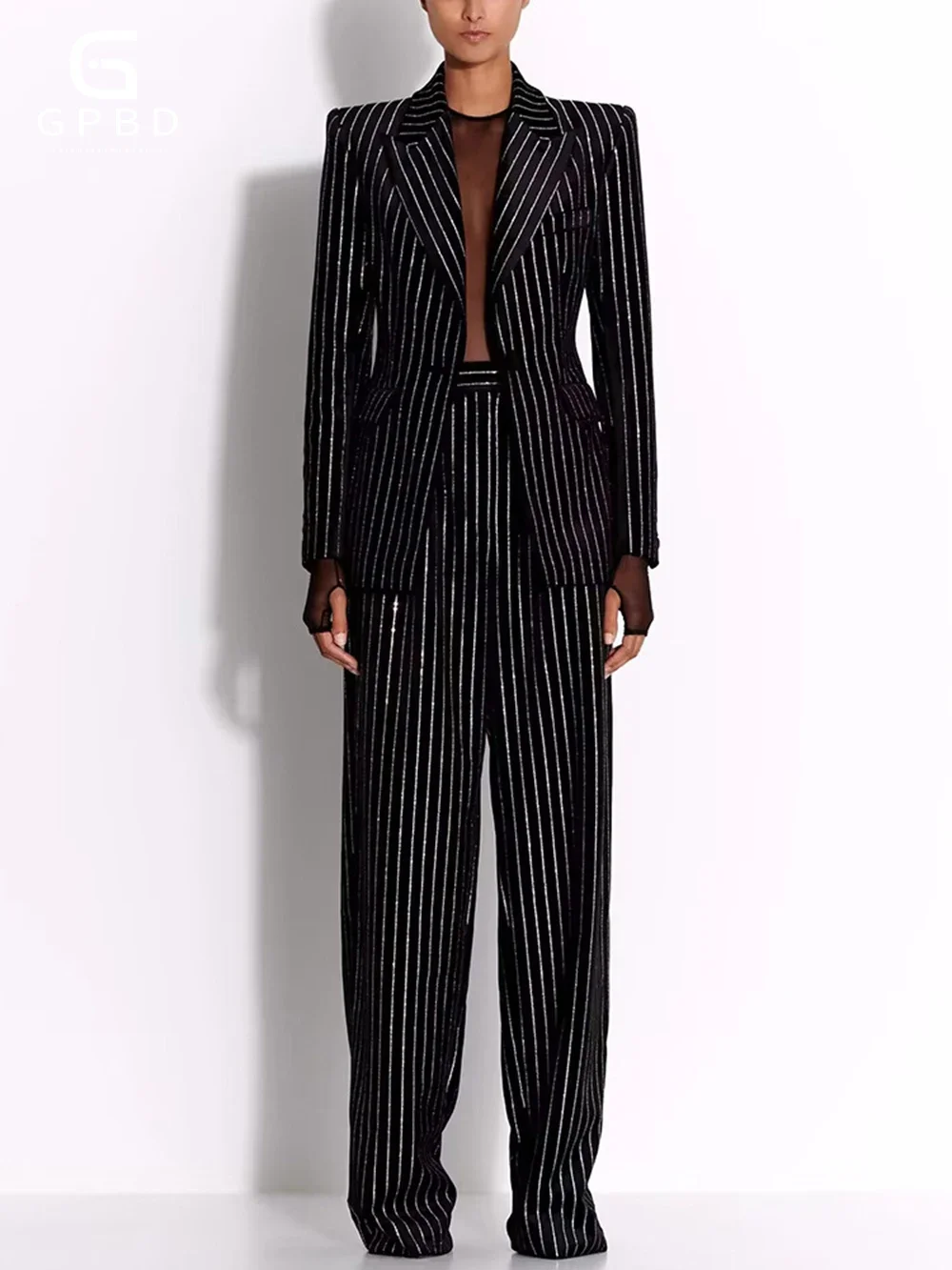 Fashion Autumn Pant Suit Women Hot Drill Striped Female Runway Work Wear Jacket Blazer and Trouser Formal 2 Piece Set