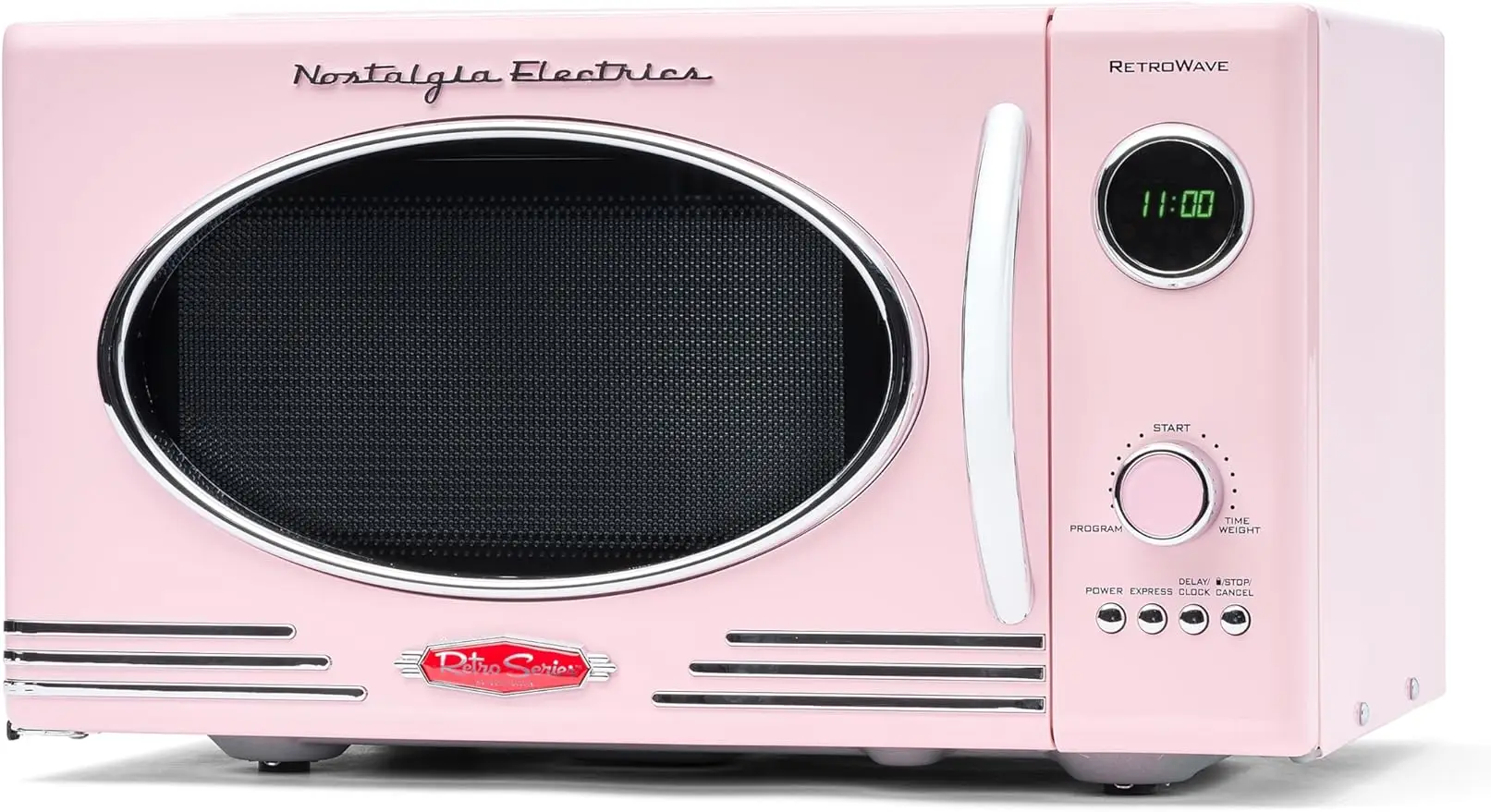 

Retro Countertop Microwave Oven-Large 800-Watt-0.9 cu ft-Programmed Cooking Settings-Digital Clock-Kitchen Appliances-Pink