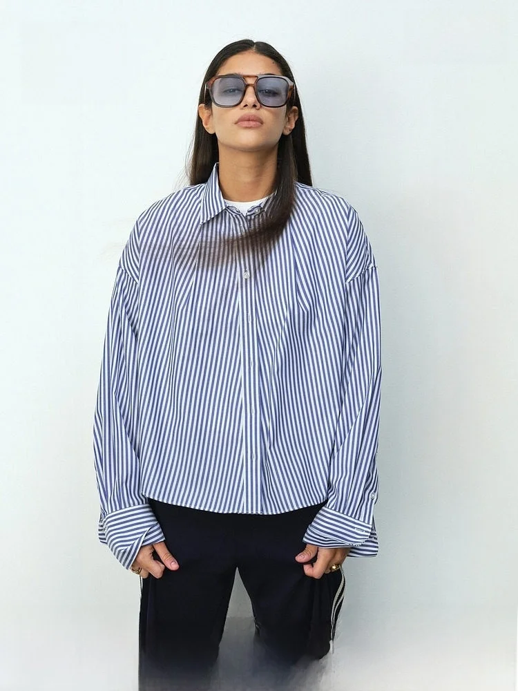 

H&M Women's Loose Fit Striped Shirt High Intelligence Sensation Summer Casual Style Long Sleeve Button up Shirt Coat