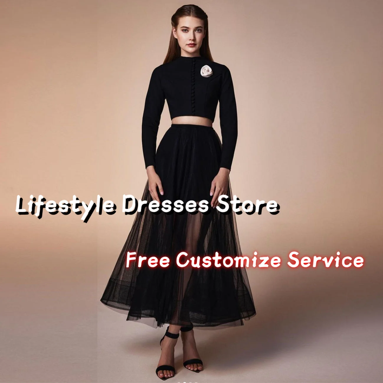 

Black 2 Piece Elegant Prom Dresses Long Sleeve A-line Chic Flower Evening Dresses 2024 Midi Dress Formal Party Gown