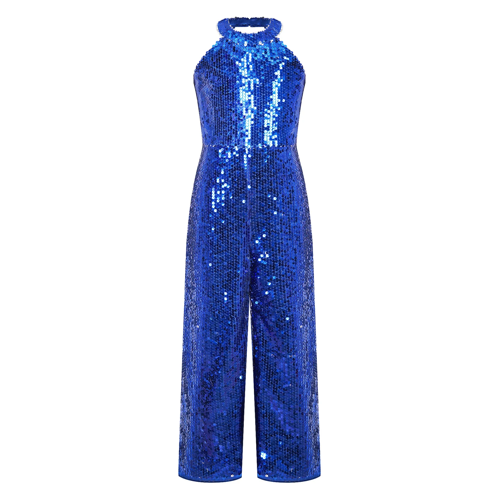 

Kids Girls One-Piece Jumpsuits Shiny Sequin Pageant Romper Halter Neck Solid Sleeveless Wide Leg Pants for Stage Performance