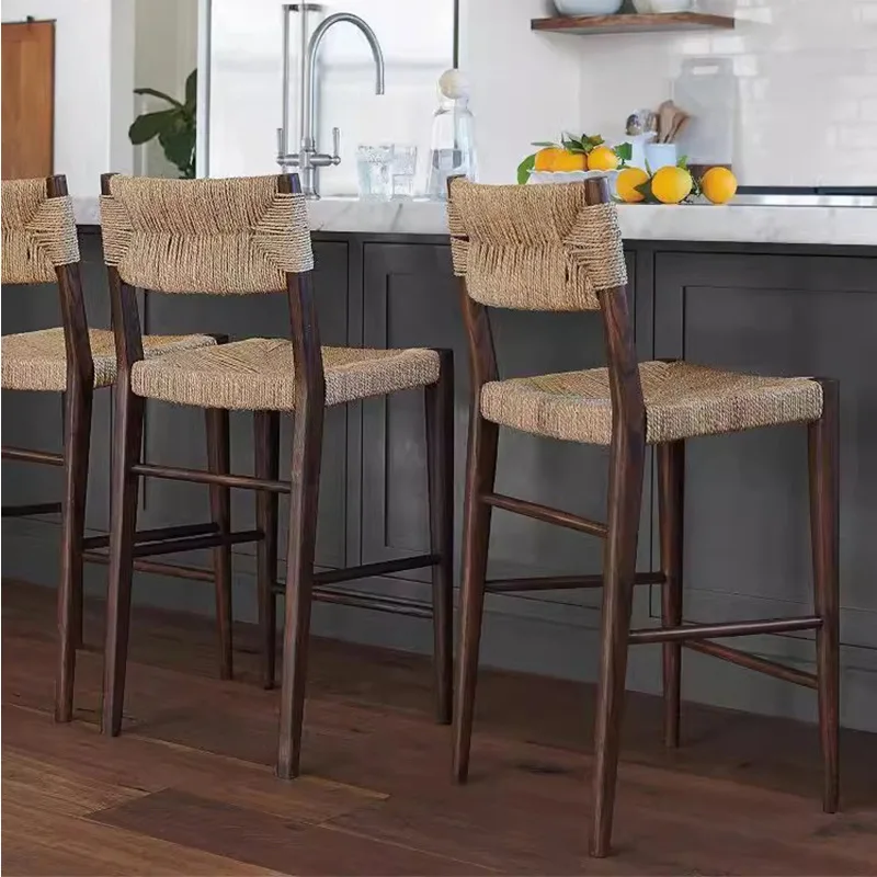 

Nordic solid wood braided rope bar chair high-footed household water bar dining chair startled wind hotel