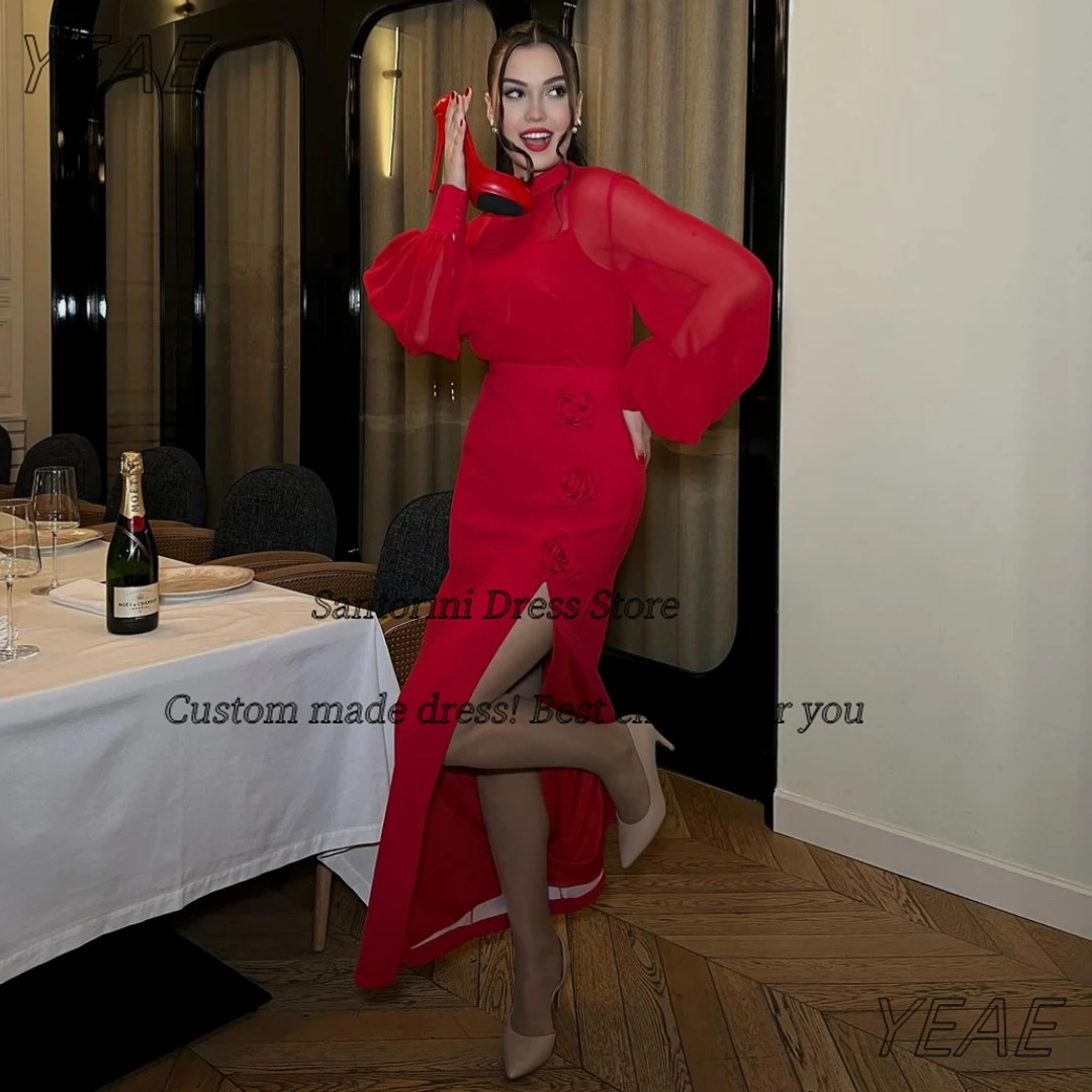 سانتوريني ذوي الياقات العالية الأحمر فساتين لحضور الحفلات الموسيقية بأكمام طويلة الزهور الجانبية الشق دبي ملابس السيدات مخصصة مأدبة فساتين السهرة #4