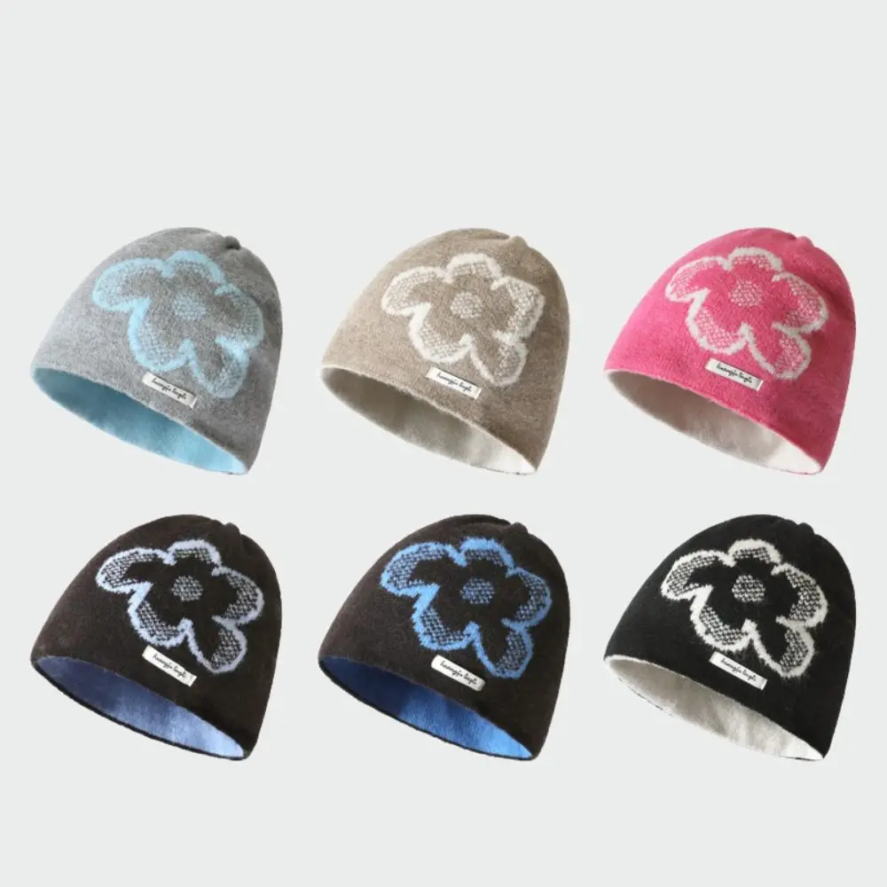 Casual Printed Flower Jacquard Knitted Hat Wool Vintage Fair Isle Style Beanies Warm Korean Printing Knit Cap Winter