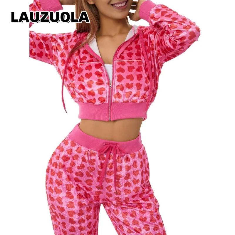 Conjunto de chándal de terciopelo con estampado de corazones para mujer, chaqueta corta con capucha y cremallera, pantalones deportivos con cordón, conjunto de dos piezas, ropa informal para estar en casa