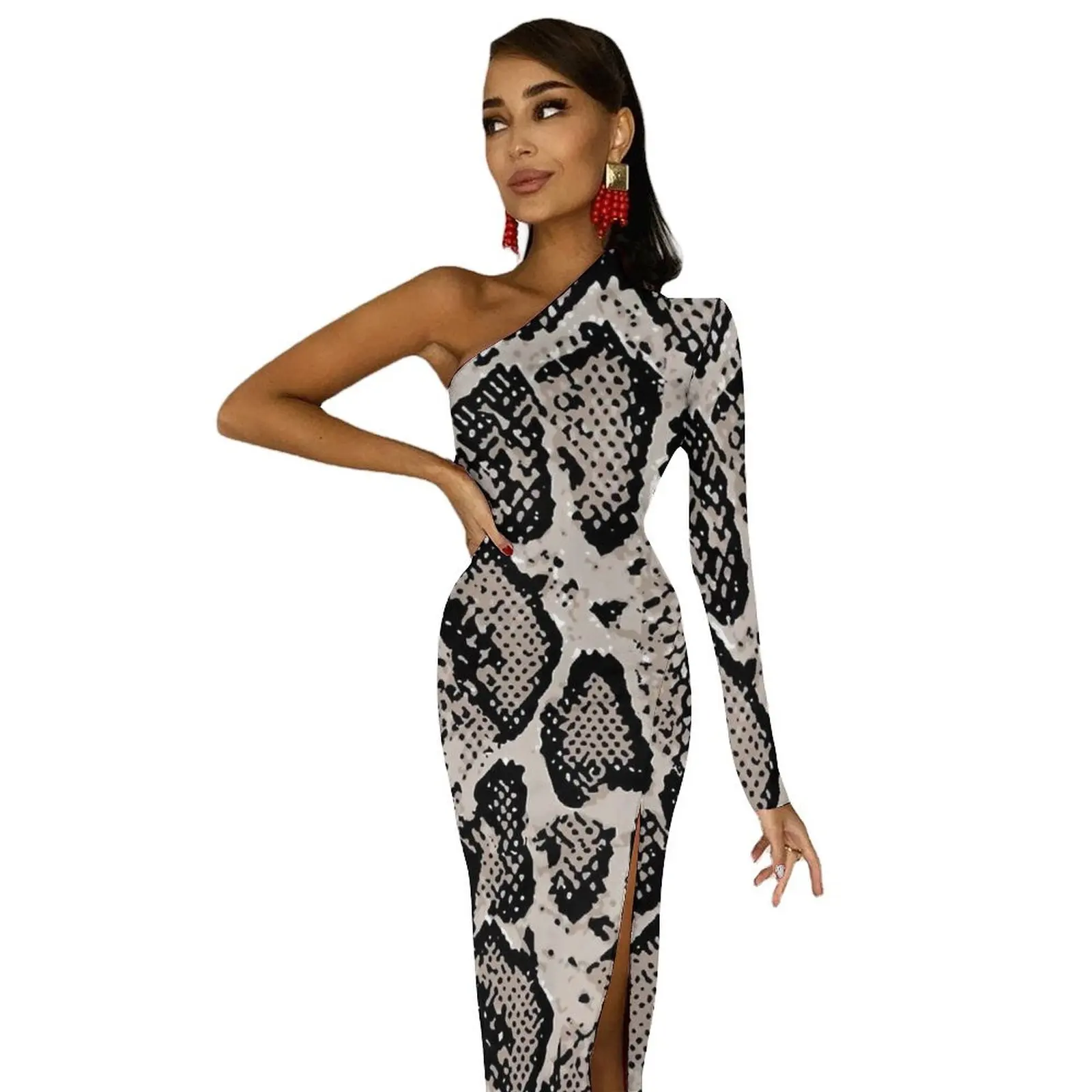 بيثون جلد الثعبان Bodycon فستان الربيع الرجعية طباعة Kawaii عالية الشق فساتين طويلة كم طويل فستان حفلة مخصصة