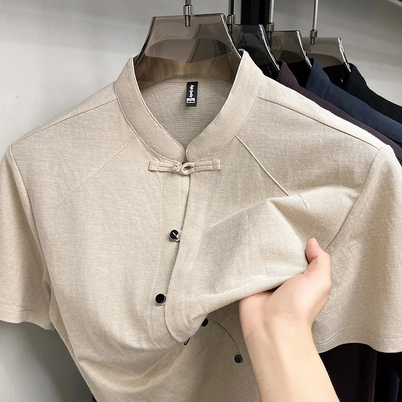 

Lightweight Breathable Linen Short Sleeve Stand Collar Summer Casual Chinese Style Suit Male Shirts Classic Vintage