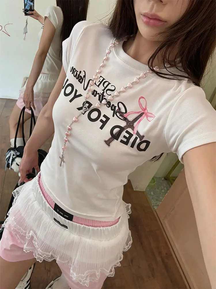 Japanese Y2k Letter Print T-shirt 2000s Aesthetics Crop Top Vintage Harajuku Short Sleeve Tee Shirt American Retro Subculture