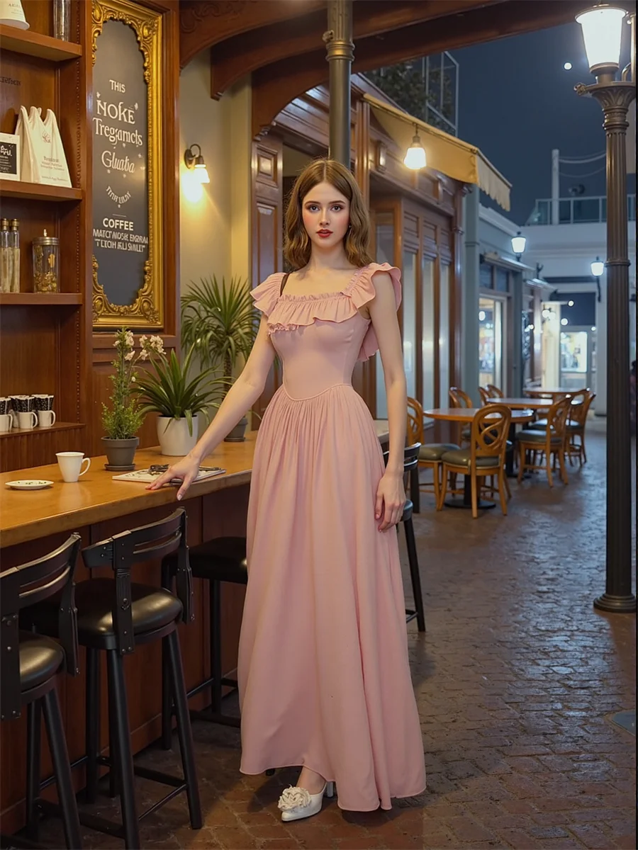 فستان نسائي وردي على طراز الأميرة على شكل حرف a متوهج على شكل دائرة متزلج كعكة واسعة متدفقة متأرجحة أنثوية جميلة حلوة