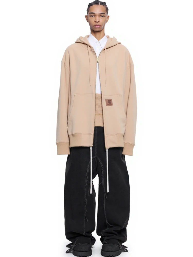 

Ha7MS Car Wip 25ss Loose Fit Street Sle Sweatirt Couple Matching Fce Lined Jaet with Leather Tag Dual Zipper Hoodie