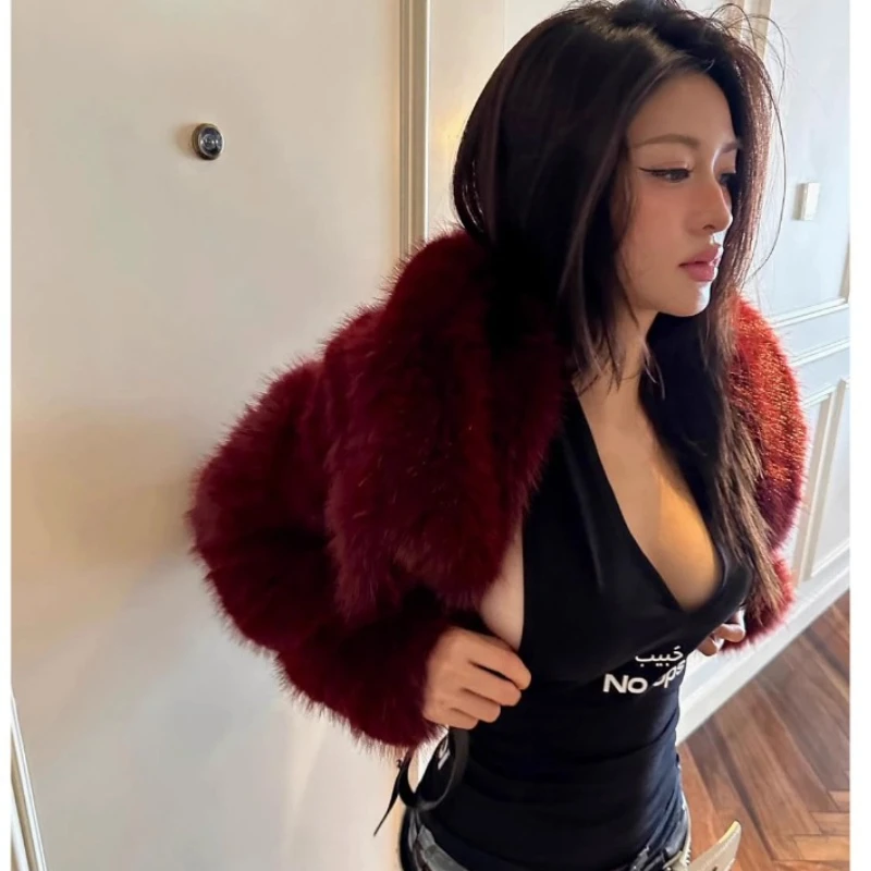 European American Sexy Hot Girl Red Fine Velvet Fur Collar Women's Coat Winter New Loose Short Long Sleeve Cardigan Coat ladies
