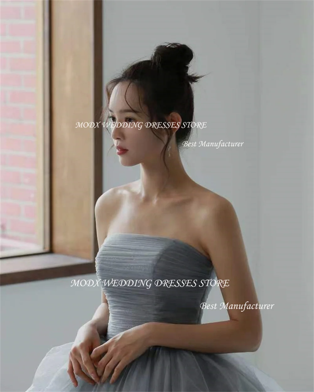 MODX Sierlijke Tule Korea Trouwjurken Fotoshoot Strapless A-lijn Vloerlengte Plooi Prinses Avondfeest Jurken Corset