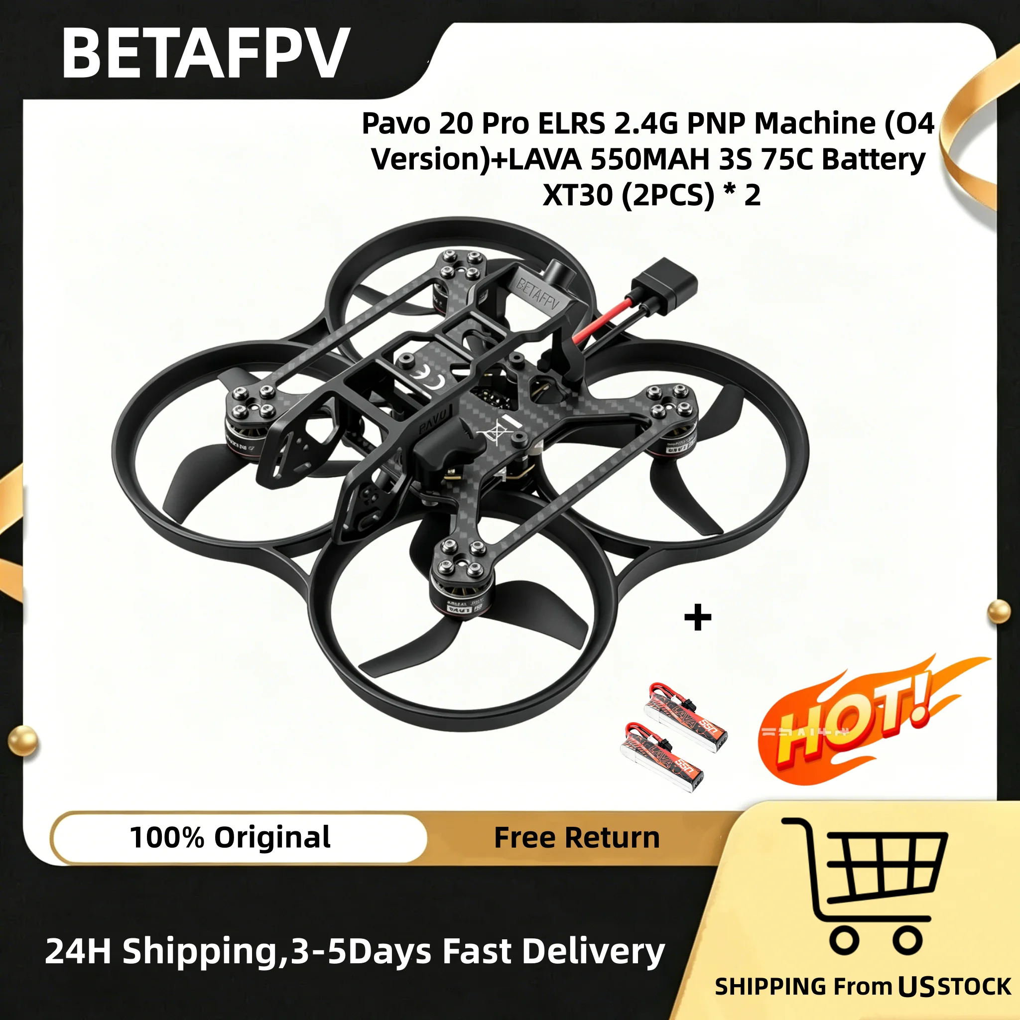 Betafpv Pavo 20 Pro Pavo Pico Pnp Fpv Drone Pavo 20 Pro Elrs 2.4g Pnp Machine (O4 Version)+Lava 550Mah 3S 75C Battery Xt30 (2Pcs) * 2 Mini Fpv Drone