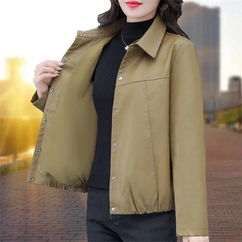 Spring Autumn Women Long Sleeves Leather Clothing Coat 2025 Ladies Short PU Leather Jacket  Female Large Size Faux Leather Tops